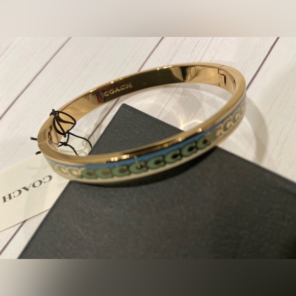 NWT! Authentic Coach bangle bracelet in gold, soft green and blue. Coach logos - Picture 6 of 8